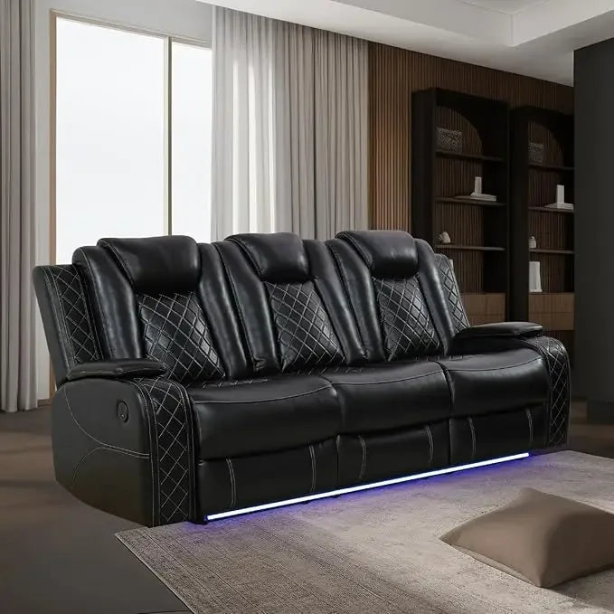 Leather Power Recliner Sofa with LED Light, Drop Down Table Wireless Charge/USB Port, 84" Luxurious Power Double Reclining Sofa