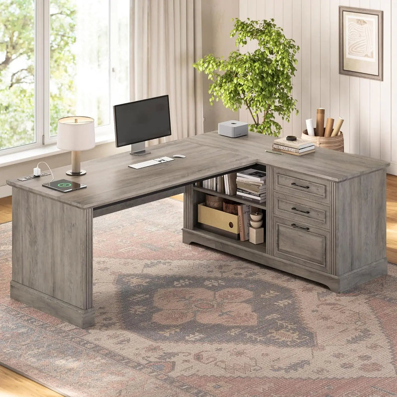 Computer Desk, Farmhouse 61" Executive L Shaped Desk, Home Office Desk with File Drawers, Computer Desk with Power
