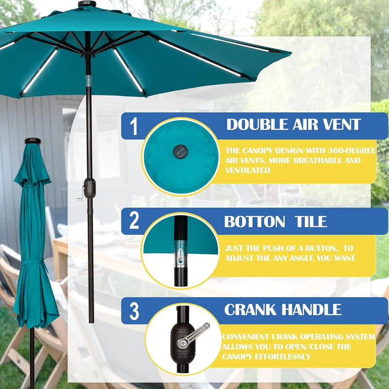 9FT Outdoor Solar LED Lighted Patio Umbrella with 8 LED Strip Lights & 8 Ribs, Convenient Crank Lift System