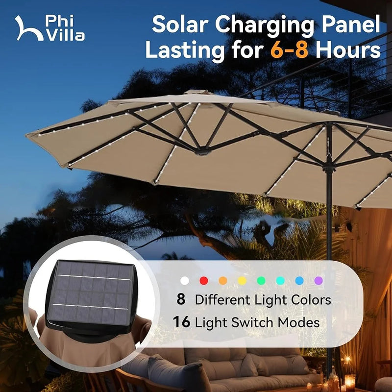 13ft Double-Sided Patio Umbrella with Solar LED Lights Durable Outdoor Market Umbrella UV Resistant Canopy Garden Beach
