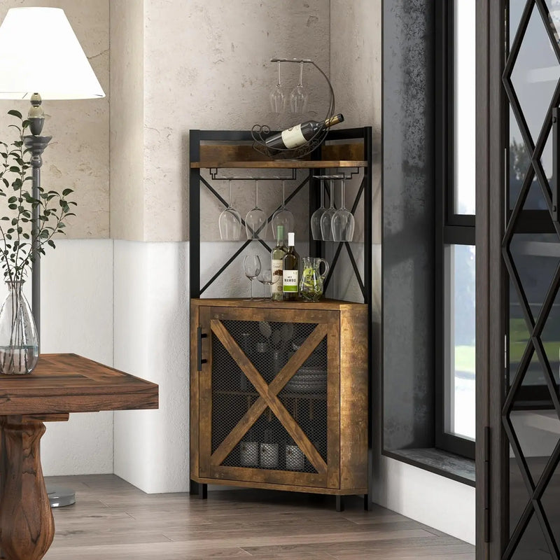 Farmhouse Corner Wine Cabinet with Storage, Wine Bar Cabinet with Glass Holder, Liquor Cabinet with Metal Mesh Doors & Adjustable Shelf