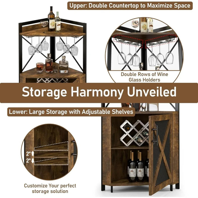 Farmhouse Corner Wine Cabinet with Storage, Wine Bar Cabinet with Glass Holder, Liquor Cabinet with Metal Mesh Doors & Adjustable Shelf