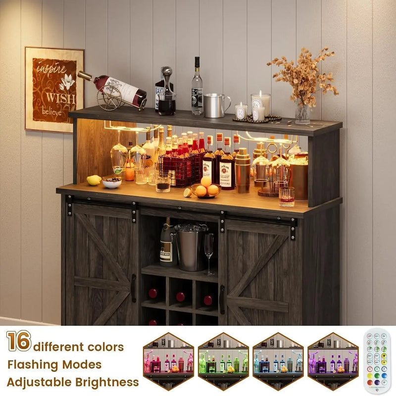 Bar Cabinet, 47” Buffet Sideboard with 4 Glass Hooks & 9 Wine Racks, Coffee Bar Cabinet with Sliding Barn Door Bar Cabinet