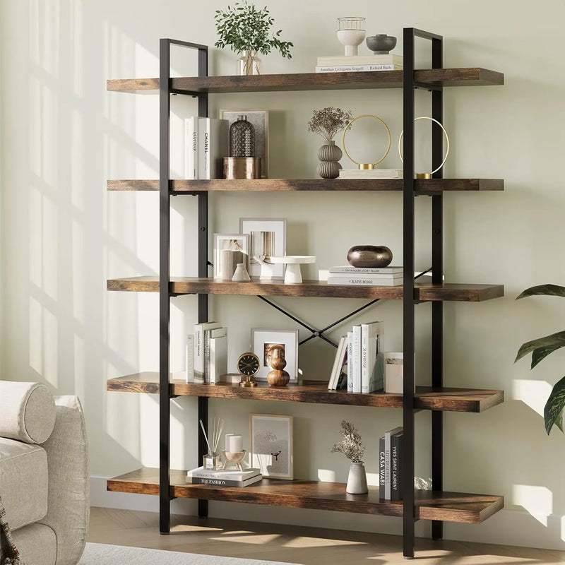 Bookshelf, 5 Tier Book Shelf, Industrial Bookcase For Home And Office, 47"" Length Wide Wood Standing Bookshelf Display Open