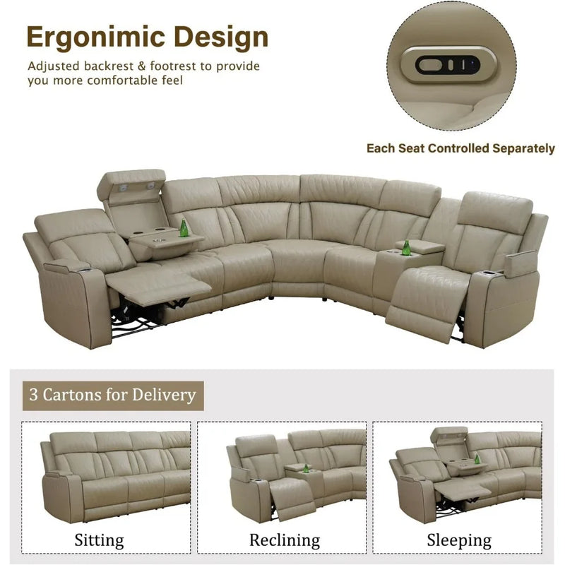 Power Reclining Sectional Sofa, Living Room Furniture Set with USB Chargers and Storage Console, Leather Recliner Sofa