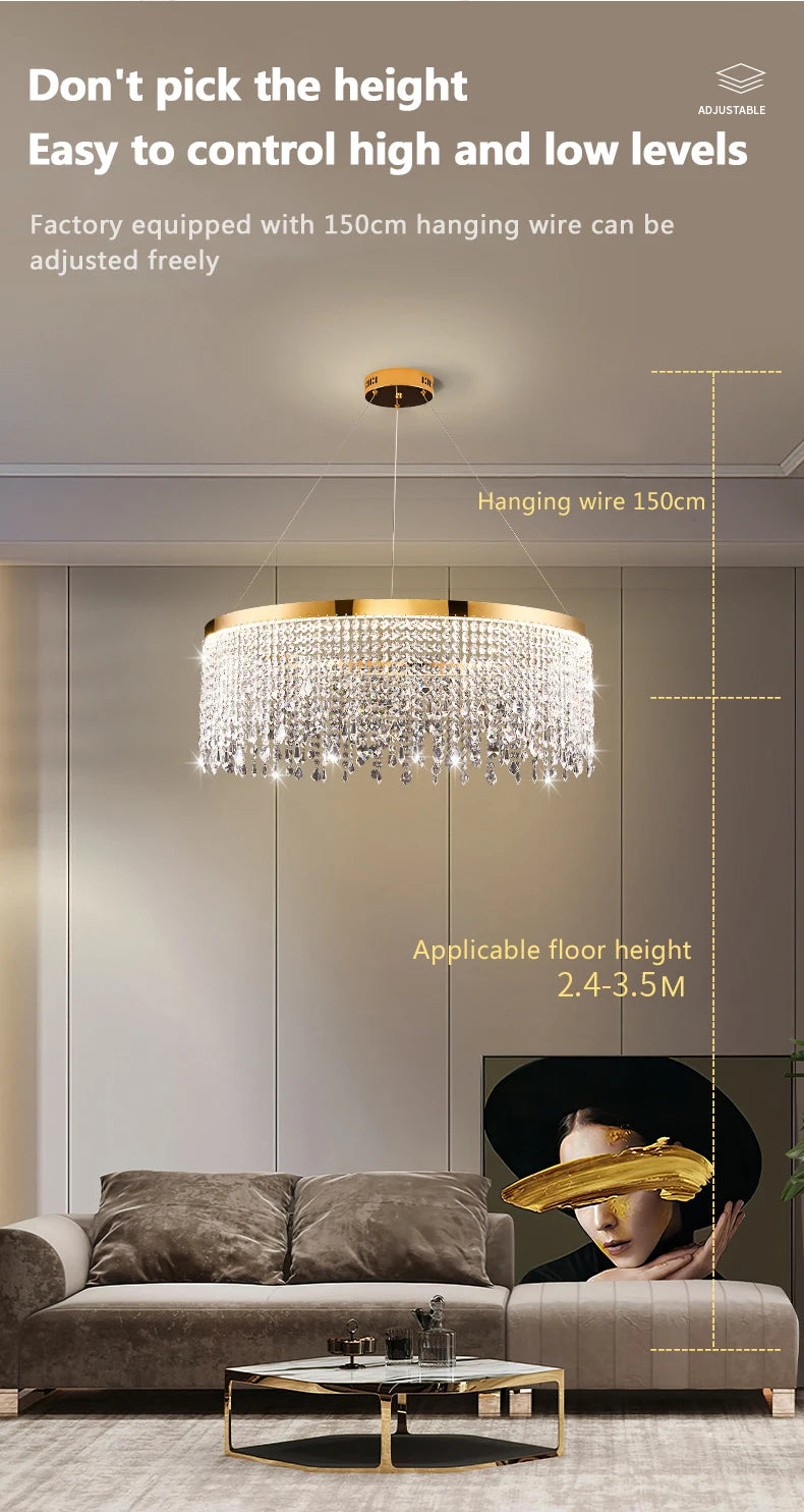 Modern K9 Crystal Chandelier Luxury Gold LED Pendant Lamp Circle Design Hanging Lights for Living Room Home Decoration Lighting Arrival 29-48 days