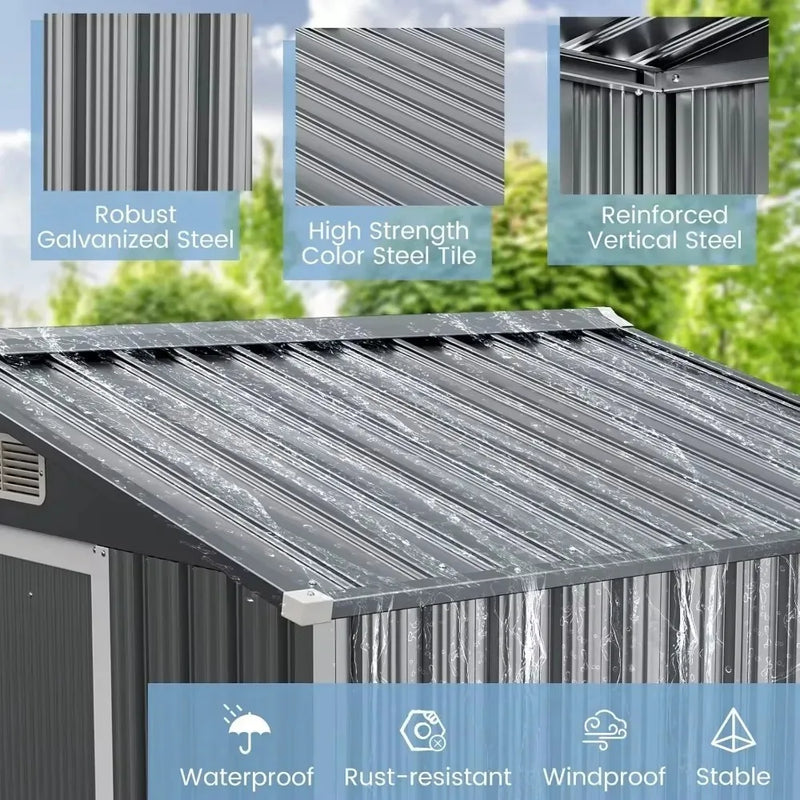 Outdoor Storage Shed, Weather-Resistant Galvanized Metal Tool House w/ 4 Air Vents, Lockable Sliding Doors, Ramp,