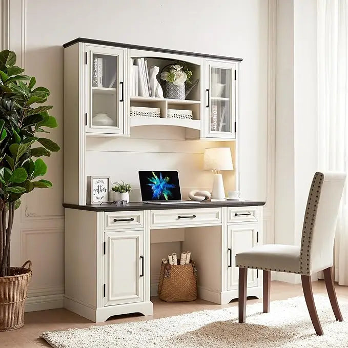 JXQTLINGMU Farmhouse 76" Height Computer Office Desk with Hutch Charging Station Drawers Storage Cabinet Workstation Home