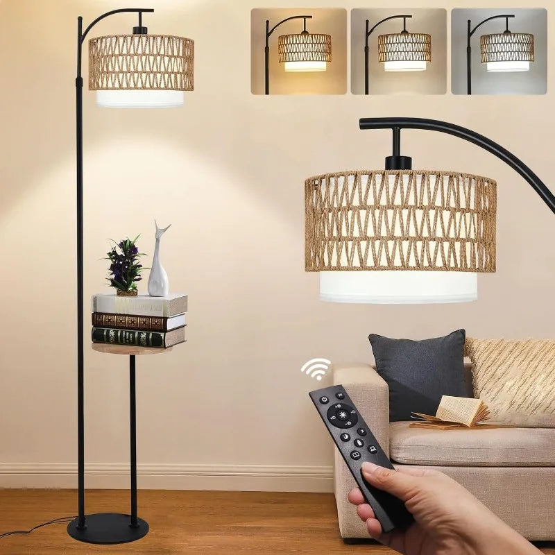 Arc Floor Lamp for Living Room Rattan Boho Floor Lamp with Remote Control,Dimmable LED Floor Lamp Wicker Shades
