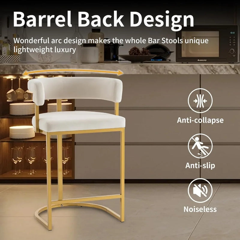 Set of 4 Beige Modern Velvet Bar Stools with Barrel Backrest, Upholstered Seat, and Gold Metal Footrest, Bar Stools