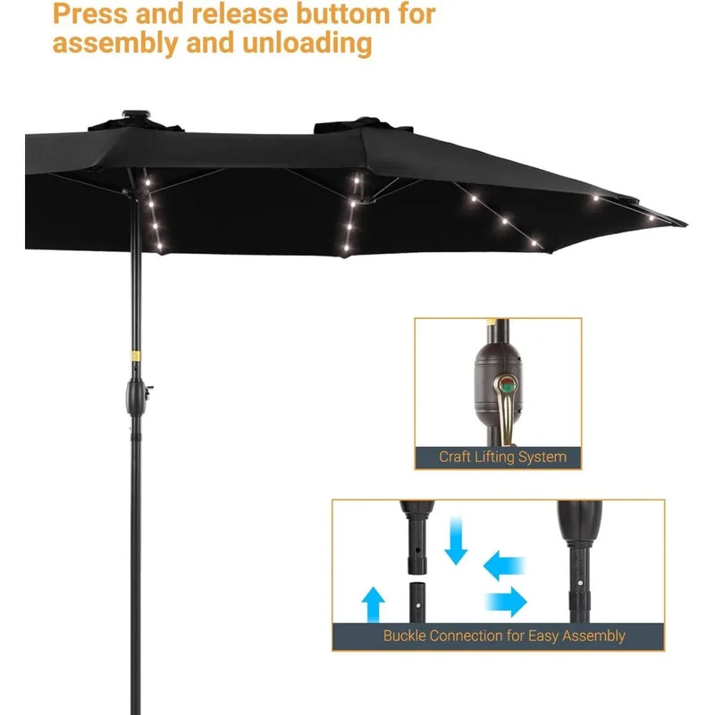 Patio Umbrella 15x9FT LED Double-sided with UPF50+ and Wind-Resistant Design, (No Base), Effortless Operation Outdoor Umbrella