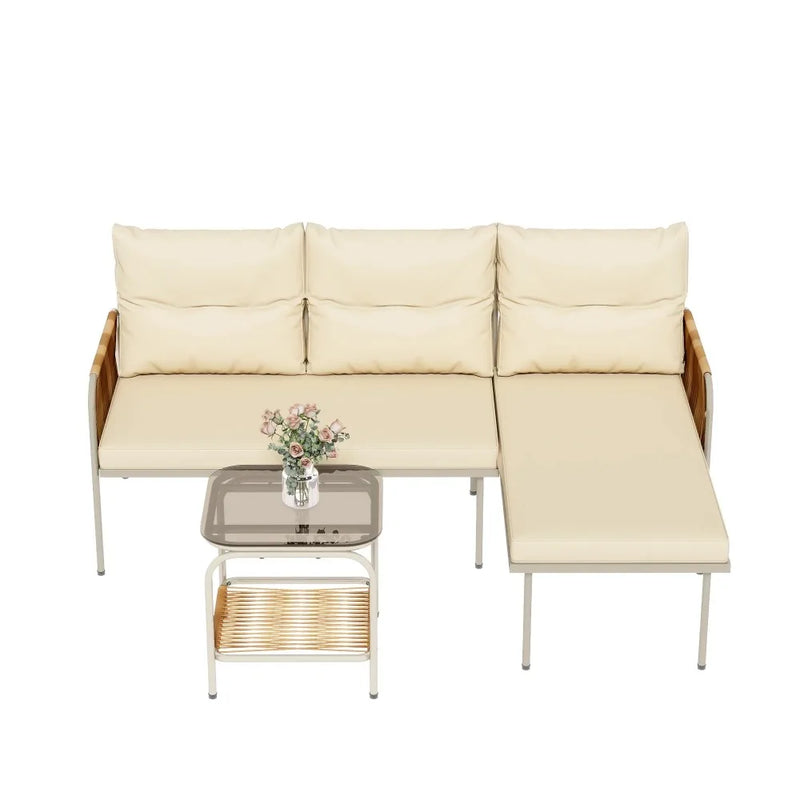 3-Piece Outdoor Wicker Patio Furniture Set -Rattan L-Shaped Sectional Sofa with Detachable Lounger, Table, and Cushions