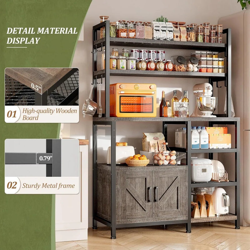 Bakers Rack for Kitchen with Storage, 6 Tier Coffee Bar with Storage Cabinet, Microwave Stand with Large Capacity and Side Hooks