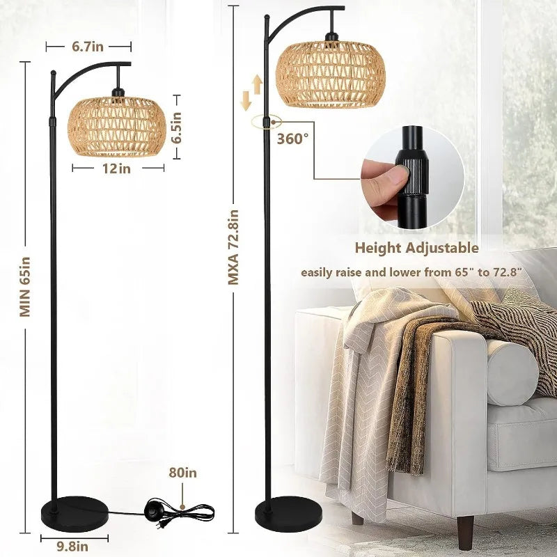 Arc Floor Lamp for Living Room Rattan Boho Floor Lamp with Remote Control,Dimmable LED Floor Lamp Wicker Shades