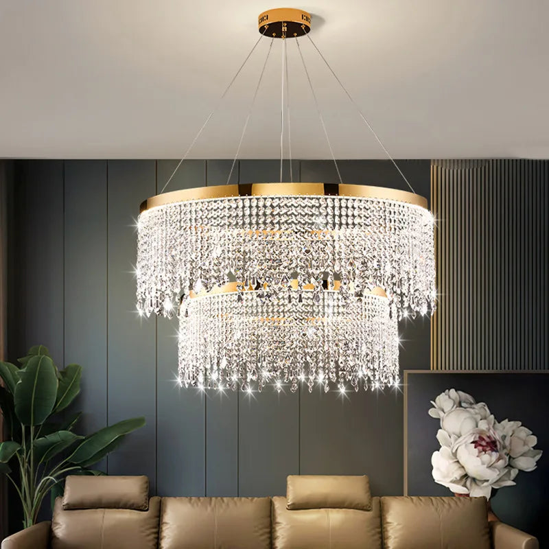 Modern K9 Crystal Chandelier Luxury Gold LED Pendant Lamp Circle Design Hanging Lights for Living Room Home Decoration Lighting Arrival 29-48 days