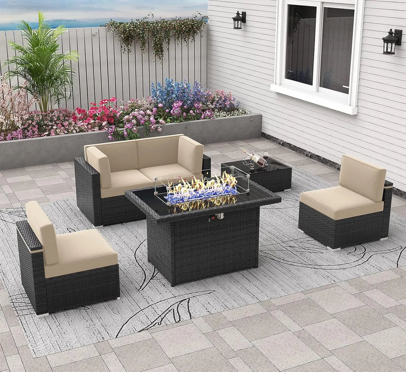 Outdoor Sectional Wicker Conversation Sofa Sets with Coffee Table