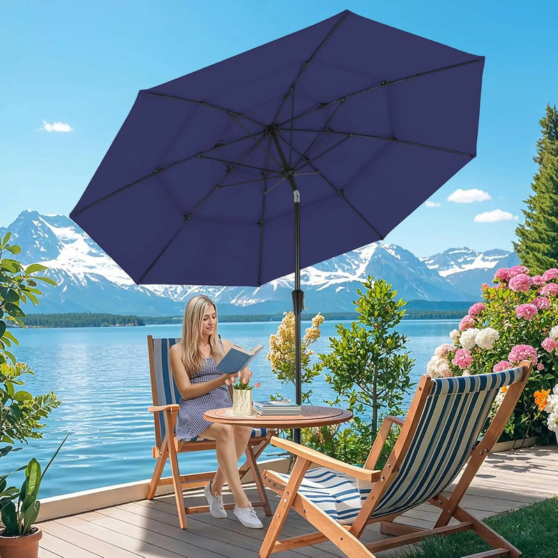 10 Ft Patio Umbrella, 3 Tier Outdoor Table Umbrella With 8 Sturdy Glass Fiber Ribs And Push Button Tilt, Outdoor Patio