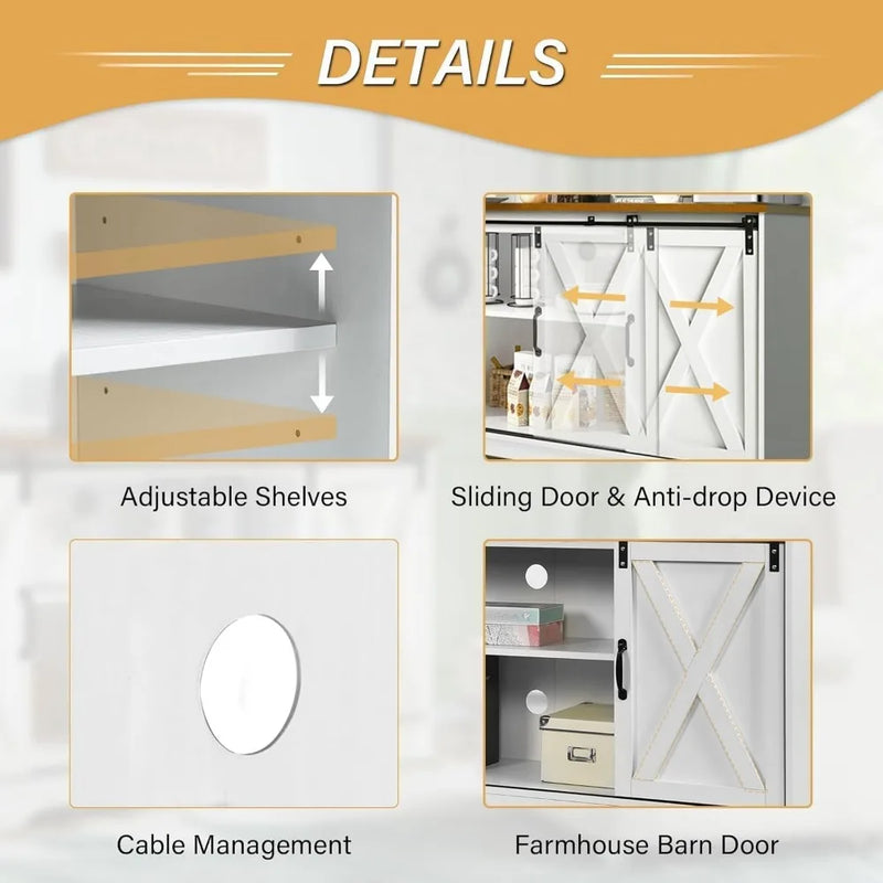 Farmhouse Coffee Bar Cabinet, 59" Buffet Cabinet with Storage & Sliding Barn Doors, Kitchen Storage Cabinet, Coffe