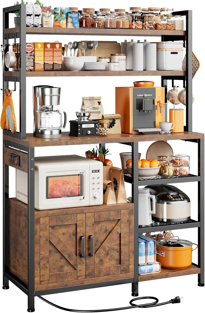 Bakers Rack with Power Outlet, 6-Tier Microwave Stand with Storage Cabinet, Farmhouse Kitchen Coffee Bar with Side Hooks