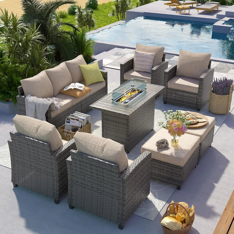 Outdoor Patio Furniture Set with 44" Fire Pit Table for Garden Backyard Deck, 6 Pieces Sectional Conversation Sets