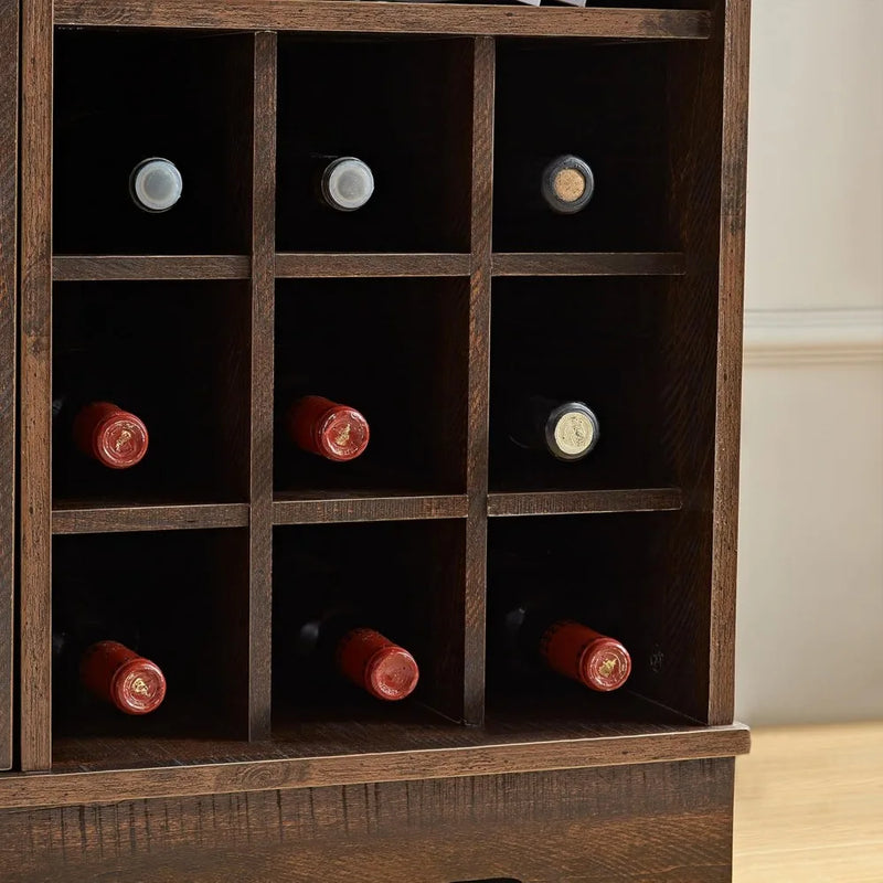 Farmhouse Coffee Bar Cabinet with Storage, 32 inch Table with Barn Door and 9 Wine Racks, Adjustable Shelf, Dining