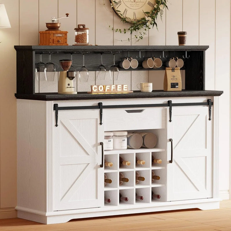Farmhouse Coffee Bar Cabinet with Sliding Barn Doors and LED Lights, Wine Bar Cabinet with Wine and Glass Rack, Buffet Cabinet