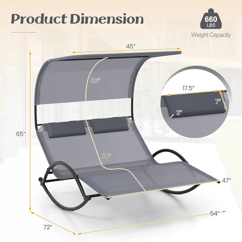 Outdoor Chaise Lounge Rocker, 2-Person Rocking Daybed Sun Lounger with Sun Shade Canopy & Headrest Pillows, Hammock Bed Loveseat