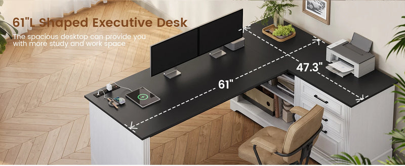 Computer Desk, Farmhouse 61" Executive L Shaped Desk, Home Office Desk with File Drawers, Computer Desk with Power