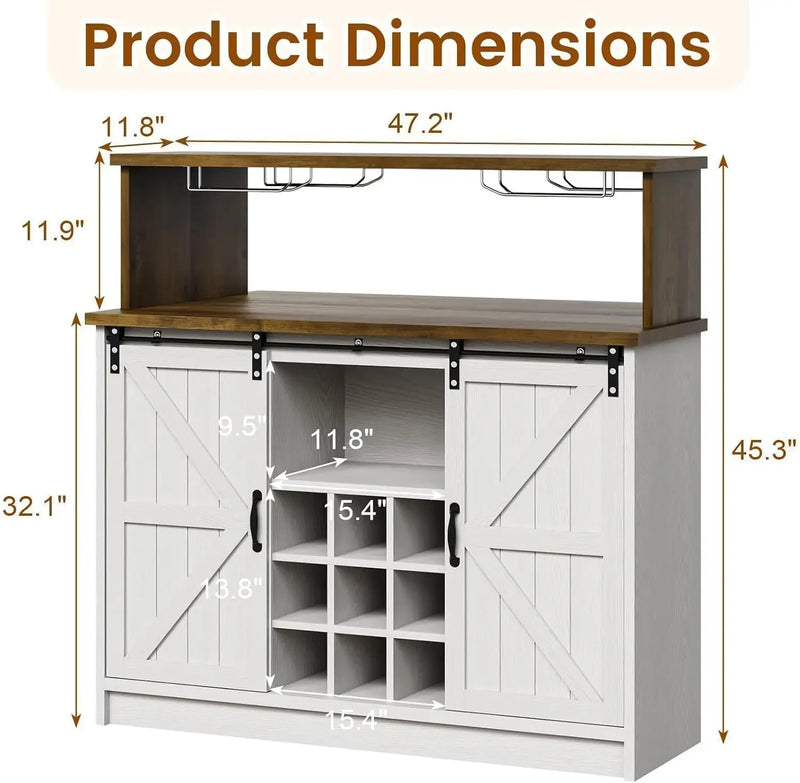 Bar Cabinet, 47” Buffet Sideboard with 4 Glass Hooks & 9 Wine Racks, Coffee Bar Cabinet with Sliding Barn Door Bar Cabinet