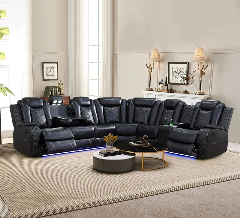 Power Recliner Sectional Sofa with LED Light, Breathing Leather Power Reclining Sofa, Sectional Reclining sofas with USB Port