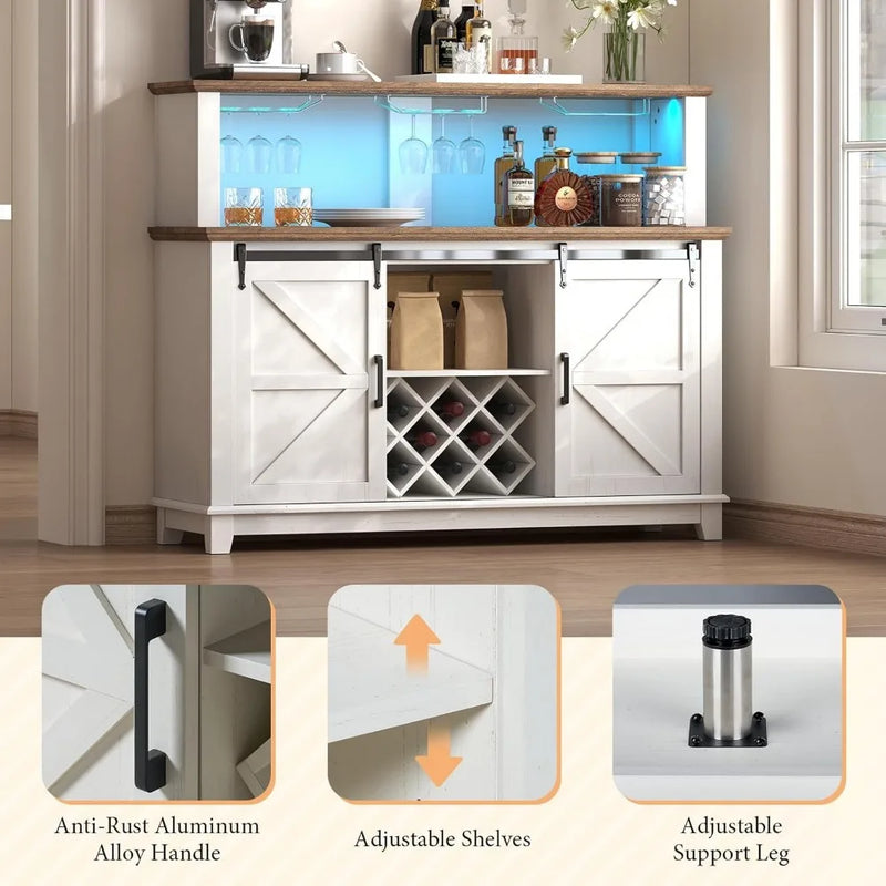 FarmhouseCoffee Bar Cabinet with LEDLights,Buffet Cabinet with Storage&Wine Racks,Home Liquor Cabinet with AdSliding Barn Doors