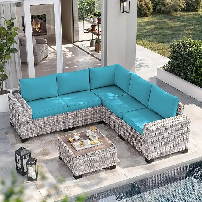 6-Piece Outdoor Patio Furniture Set Wicker Sectional Sofa Set, Patio Conversation Set with Thickened Cushions & Coffee Table for