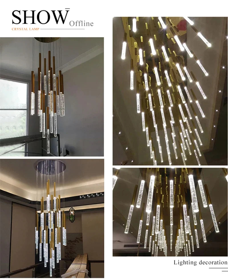 Nordic Minimalist Indoor Pendant Light Fixture Modern Ceiling Crystal Led Chandelier Long Hanging Lamp for Staircase Living Room