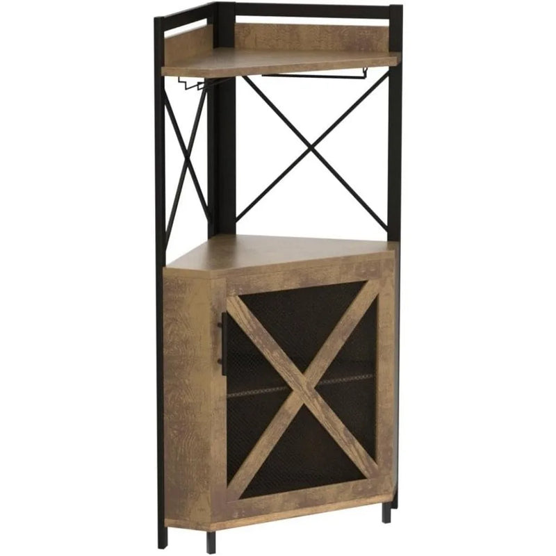 Corner Bar Cabinet with Storage, Wine Cabinet with Glass Holder, Metal Mesh Door & Adjustable Shelf, Liquor Cabinet Bar for Home