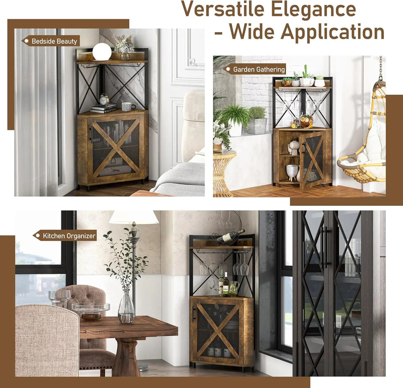 Farmhouse Corner Wine Cabinet with Storage, Wine Bar Cabinet with Glass Holder, Liquor Cabinet with Metal Mesh Doors & Adjustable Shelf