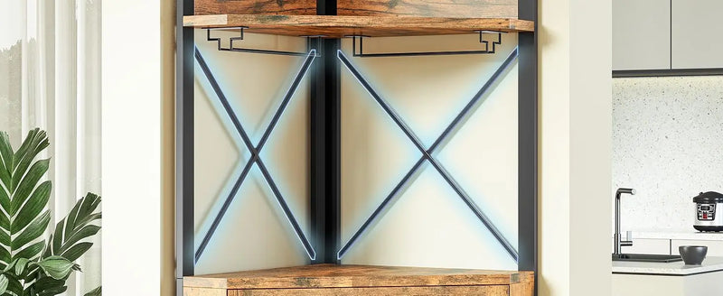 Corner Bar Cabinet with Storage, Wine Cabinet with Glass Holder, Metal Mesh Door & Adjustable Shelf, Liquor Cabinet Bar for Home