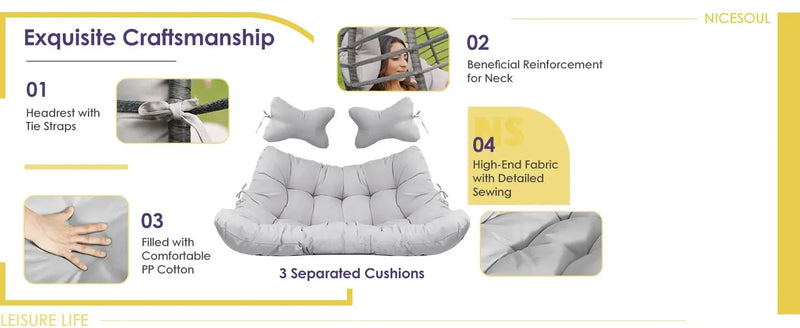 2 Person Double Egg Chair Outdoor Patio Wicker Loveseat Hanging Chair Swing Egg Chairs with Beige Cushions Double Seats