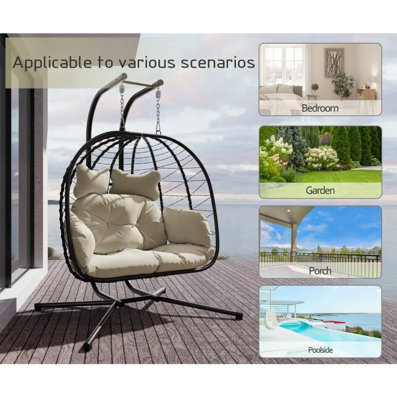 Double Wicker Swing Egg Chair Hammock Foldable Hanging Loveseat with Stand, UV Resistant Removable Cushions, 700LBS Capacity