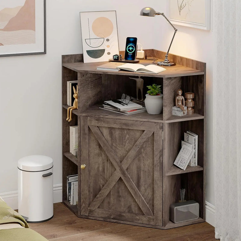 Corner Storage Shelf with USB Ports and Outlets Industrial Organizer for Small Space Wooden 6-Cubby Bookshelf for Study Playroom