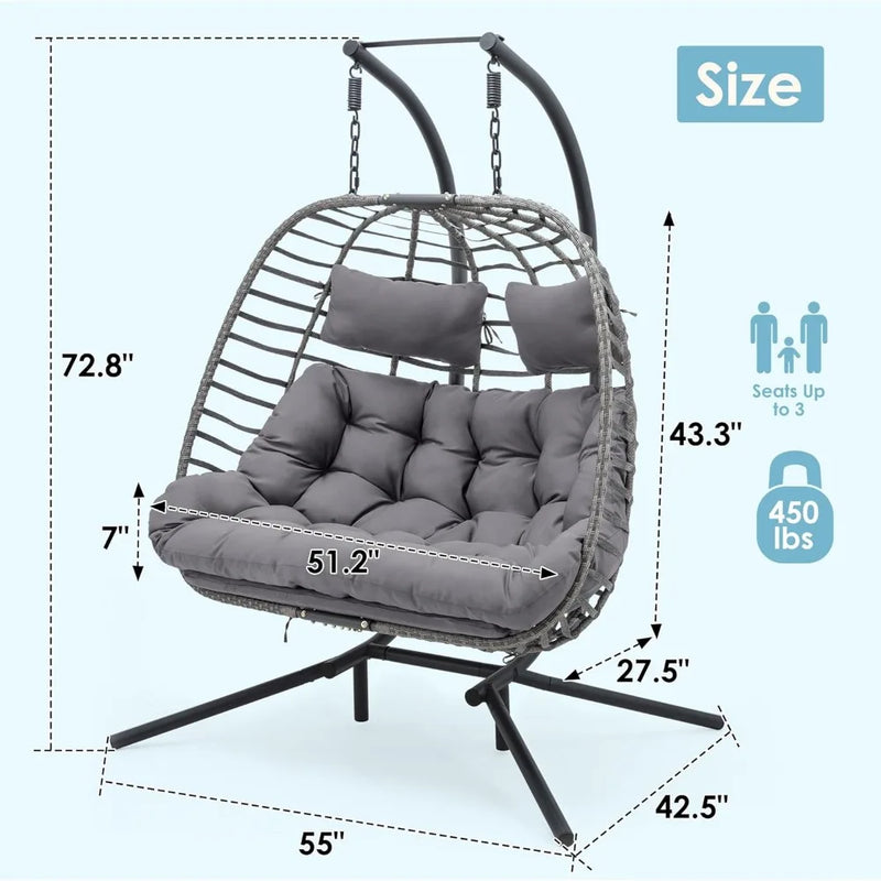 Double Egg Chair Swing with Stand, Oversized Hand-Woven Wicker Rattan 2-Person Egg Chairs for Outdoor Indoor, Hanging Egg Chair