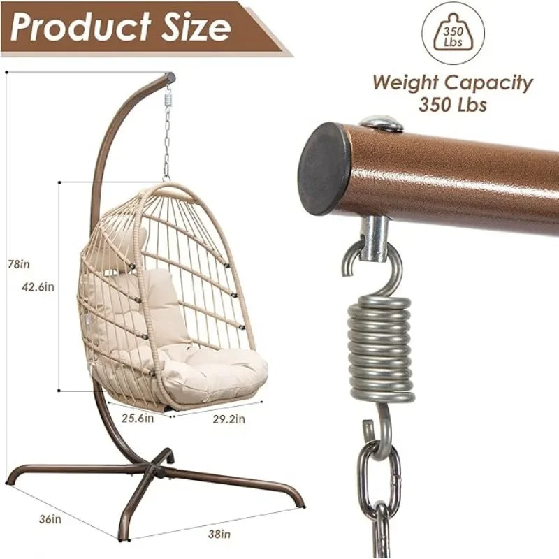 HOME.Hanging Egg Chair with Stand Outdoor Swinging Egg Chair with Water Resistant Cushions PE Rattan Wicker Chair Foldable Baske