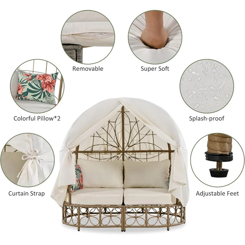 Wicker Patio Daybed with Curtain, Outdoor Sunbed with Colorful Pillows for Patio, Backyard, Poolside, Floral Pattern