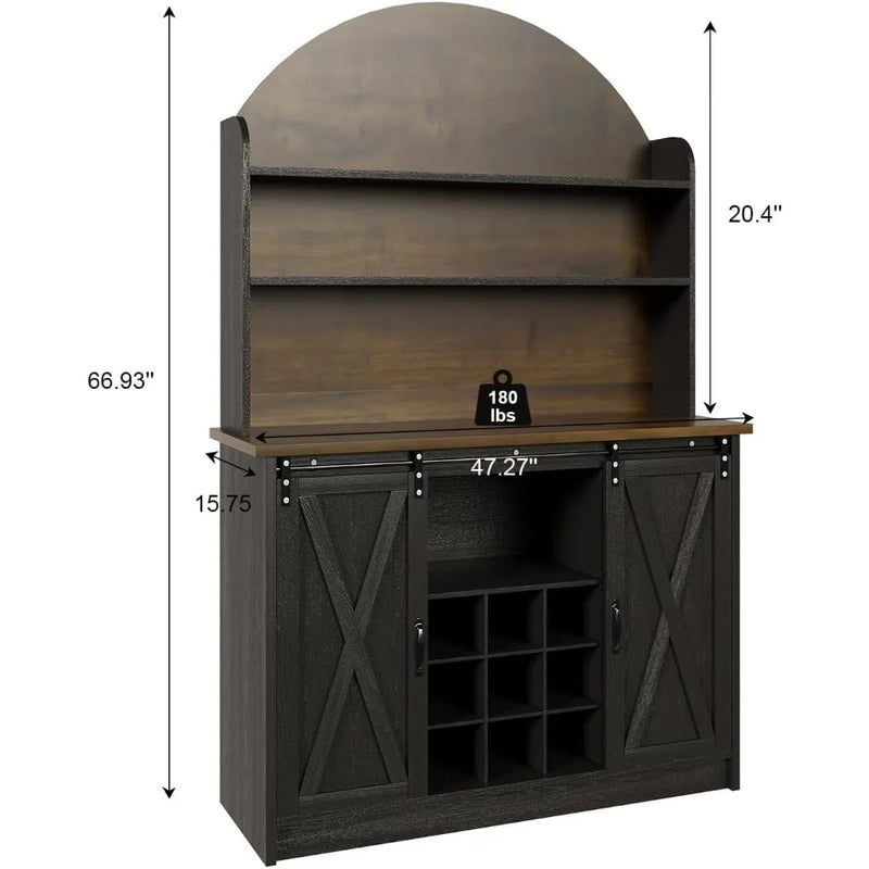 Farmhosue Coffee Bar Cabinet with Open Shelf, 67" Black Coffee Bar with Hutch & Wine Rack, Arched Cabinet with Storage
