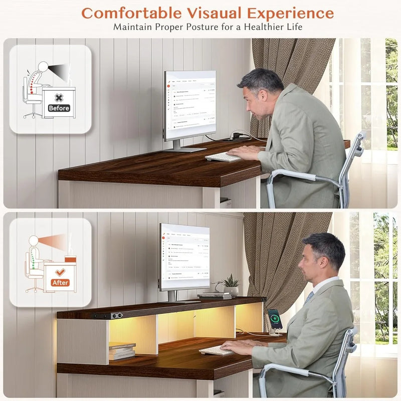 55" Office Desk with Drawers,Farmhouse Desk with Power Outlets Reversible Computer Desk Long Monitor Stand Large Home Office