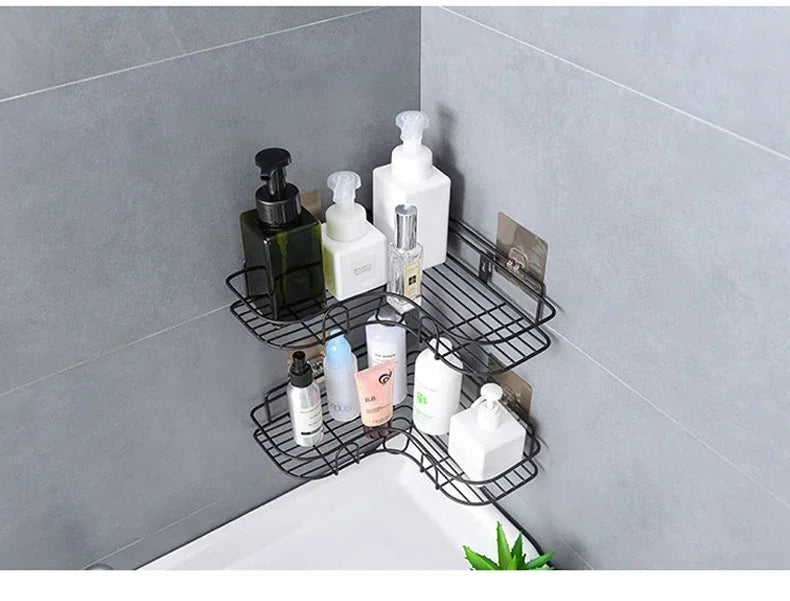 Bathroom Corner Triangle Shelf Wall Mounted Storage Shelves Shampoo Holder Cosmetic Rack Iron Shower Drain Basket Organizer