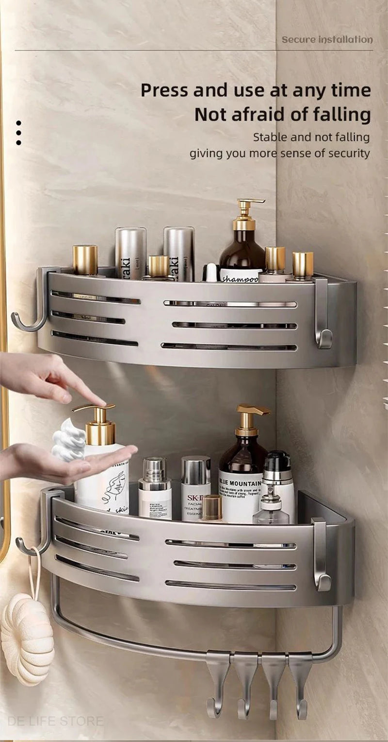 1-2PCS Bathroom Corner Shelf with Plastic Hook Towel Bar No Drill Space Aluminum Shower Storage Rack Bathroom Organizer