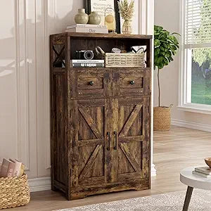 71"H Farmhouse Tall Storage Cabinet, Kitchen Pantry Cabinet with Barn Doors and Adjustable Shelves, Floor Standing Bookshelf 5 T