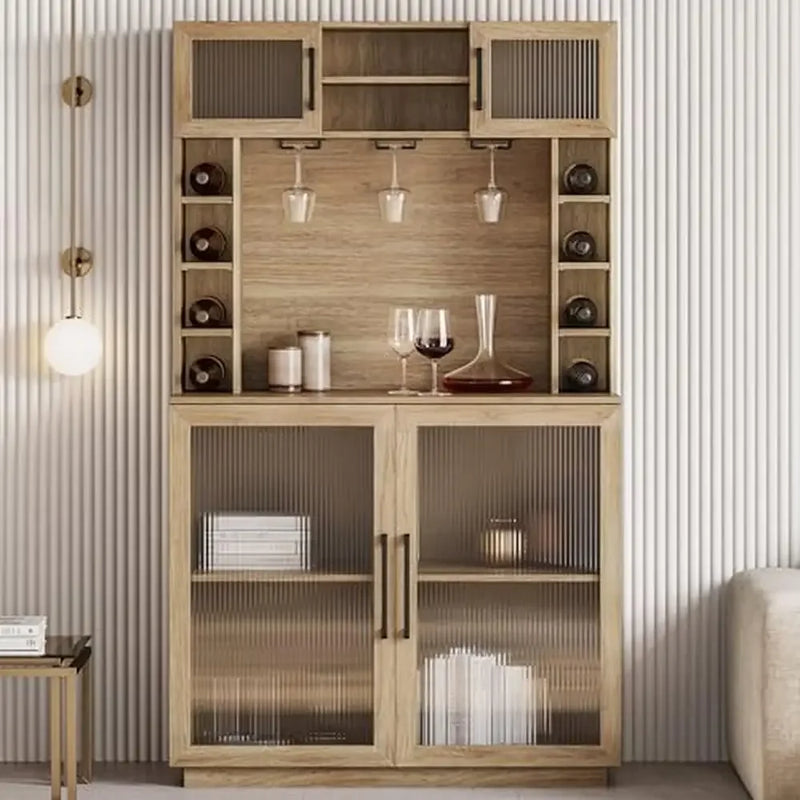 Rustic Kitchen Bar Cabinet Tall Liquor Storage Hutch Buffet Sideboard Wine Organizer 72" Power Outlet Wood Pantry Shelf