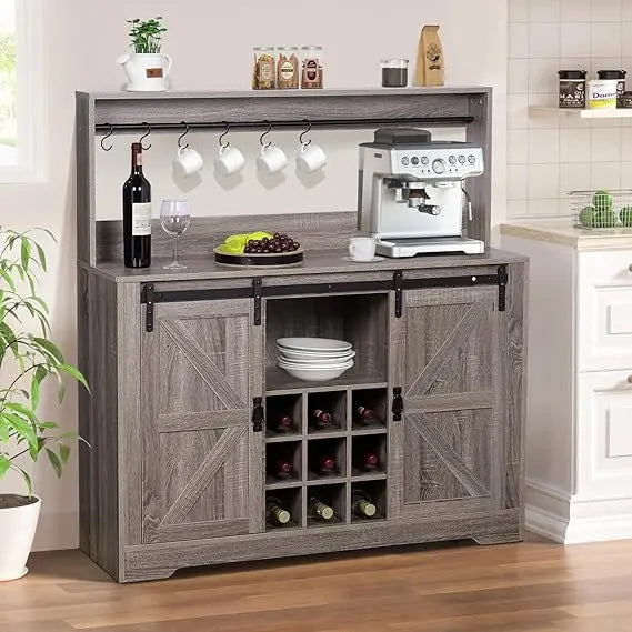 Coffee Bar Cabinet, 47" Farmhouse Kitchen Wine Bar with 6 Hooks, Sliding Barn Door and Adjustable Shelves, Liquor Bar Cabinet w