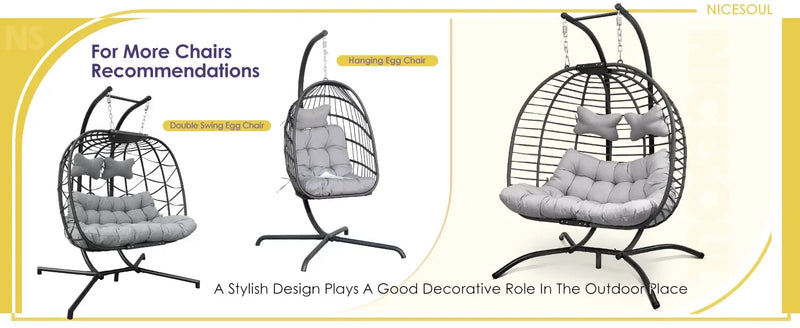 2 Person Double Egg Chair Outdoor Patio Wicker Loveseat Hanging Chair Swing Egg Chairs with Beige Cushions Double Seats